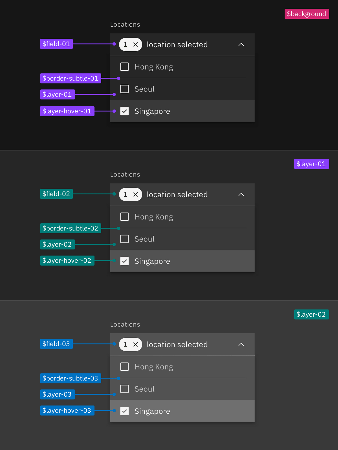 Layer set tokens applied to dropdown in the Gray 100 theme